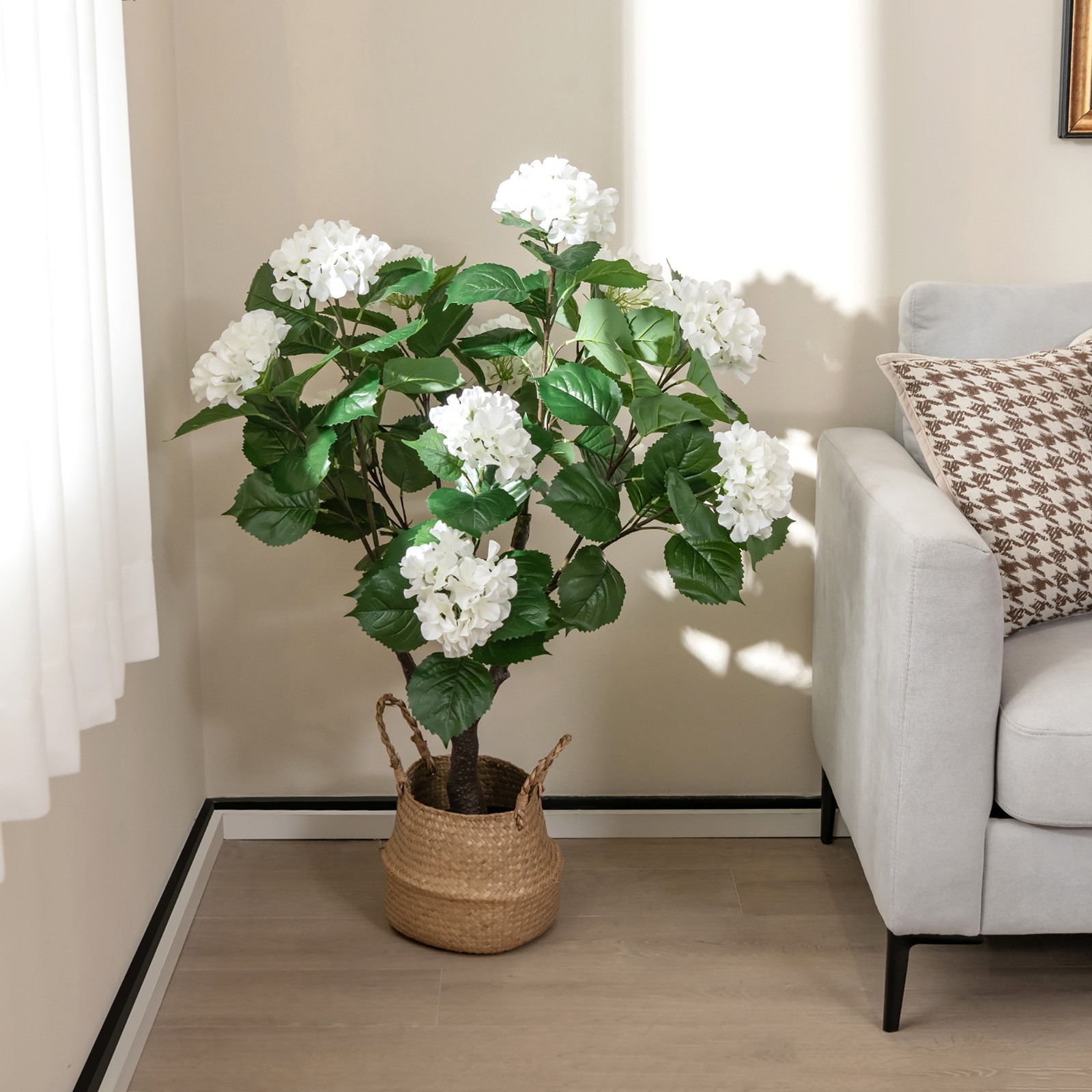 2 Pack Artificial Hydrangea Tree Fake Floral Plant w/ 11 White Flowers