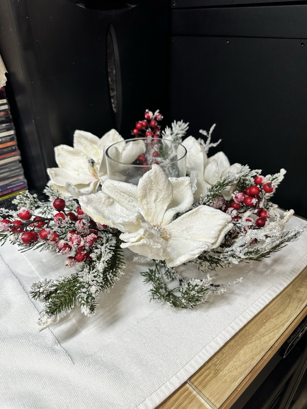 Frosted Magnolia & Red Berry Artificial Arrangement Candelabrum