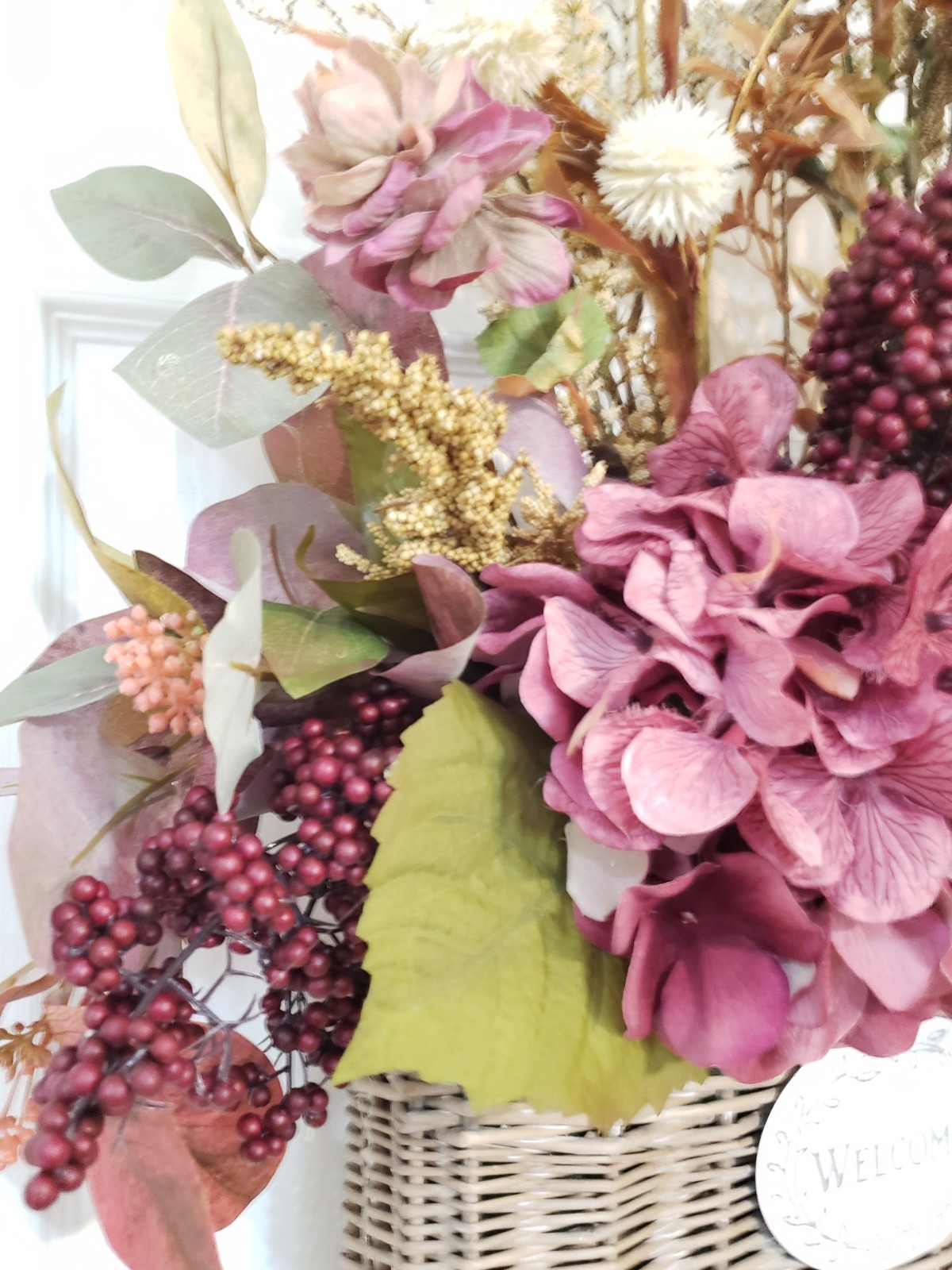 24″ Fall Wicker Wall Basket, Burgundy Cream Silk Floral Arrangement Autumn Porch