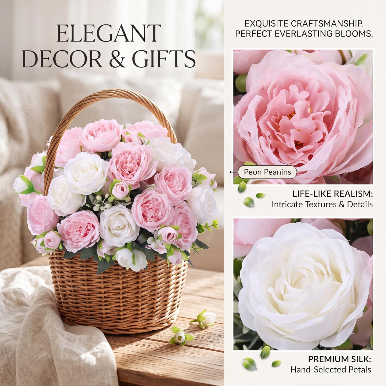 8 Bundles Silk Peony Flowers for Wedding Party Décor – White & Pink
