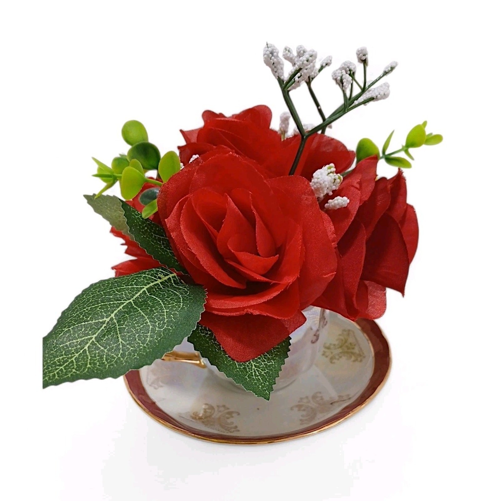 Silk Floral Arrangement Red Roses Leafy Tea Party Cup POP-IN Love Romantic Gift