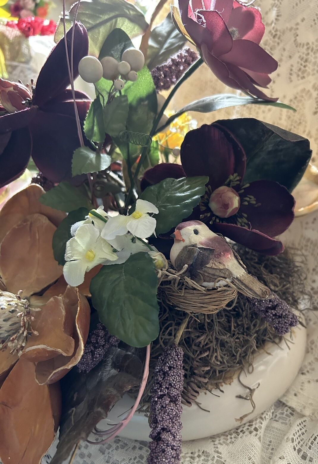 Exotic Artificial Floral Arrangement In A Porcelain Dish Made In Portugal