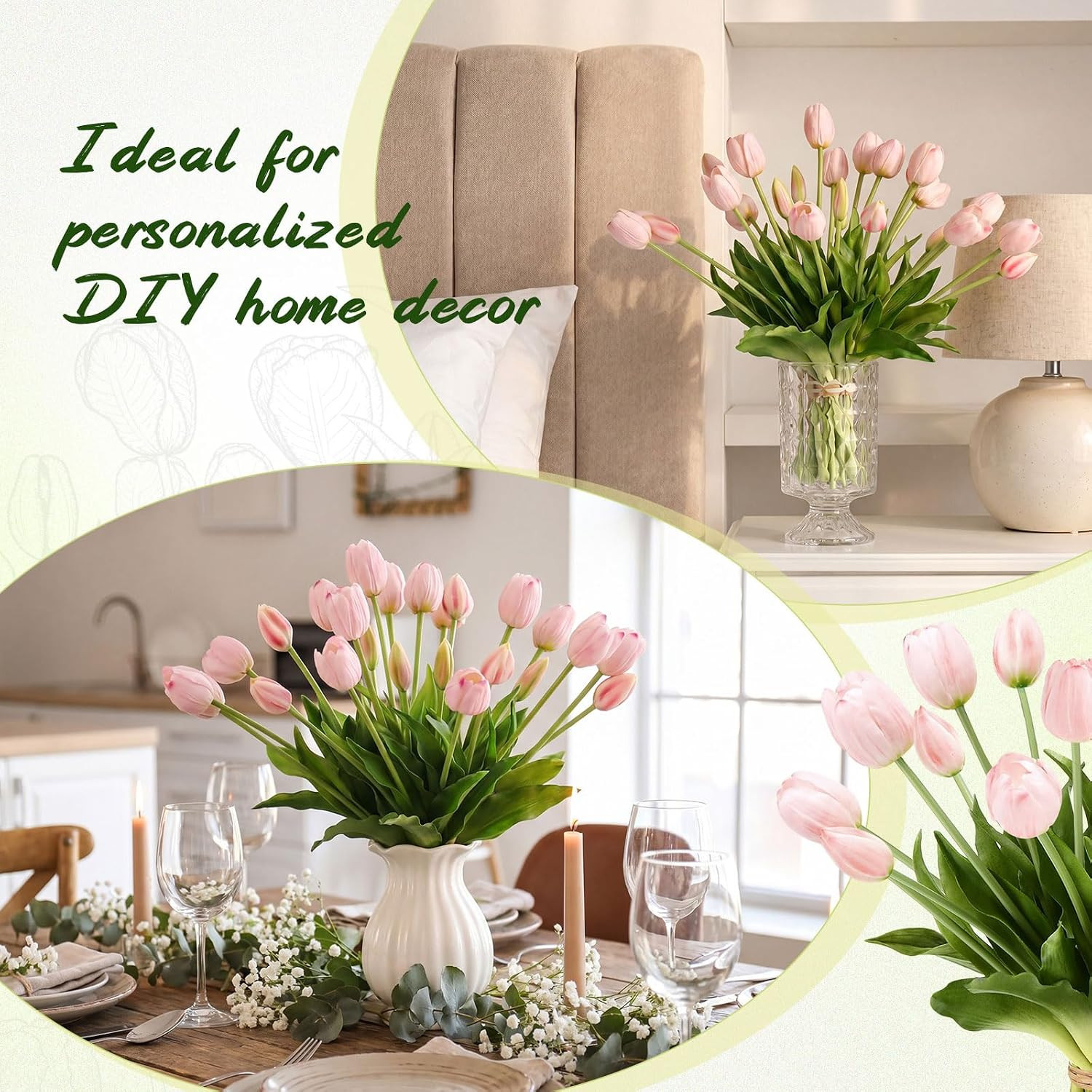 60 Pcs Pink Artificial Tulips Flowers Bouquet Bulk, Fake Tulips15.8″ Realistic S