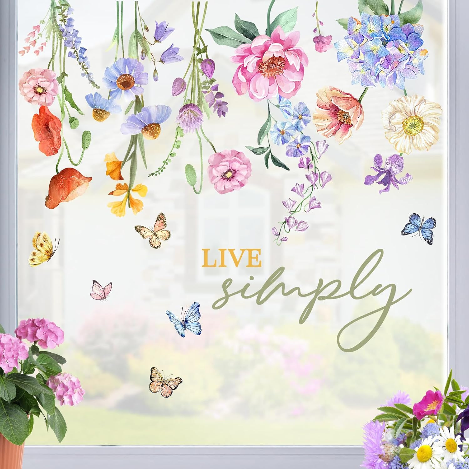 Watercolor Floral Window Clings, Live Simply Flowers Hydrangea Peony Poppy Daisy