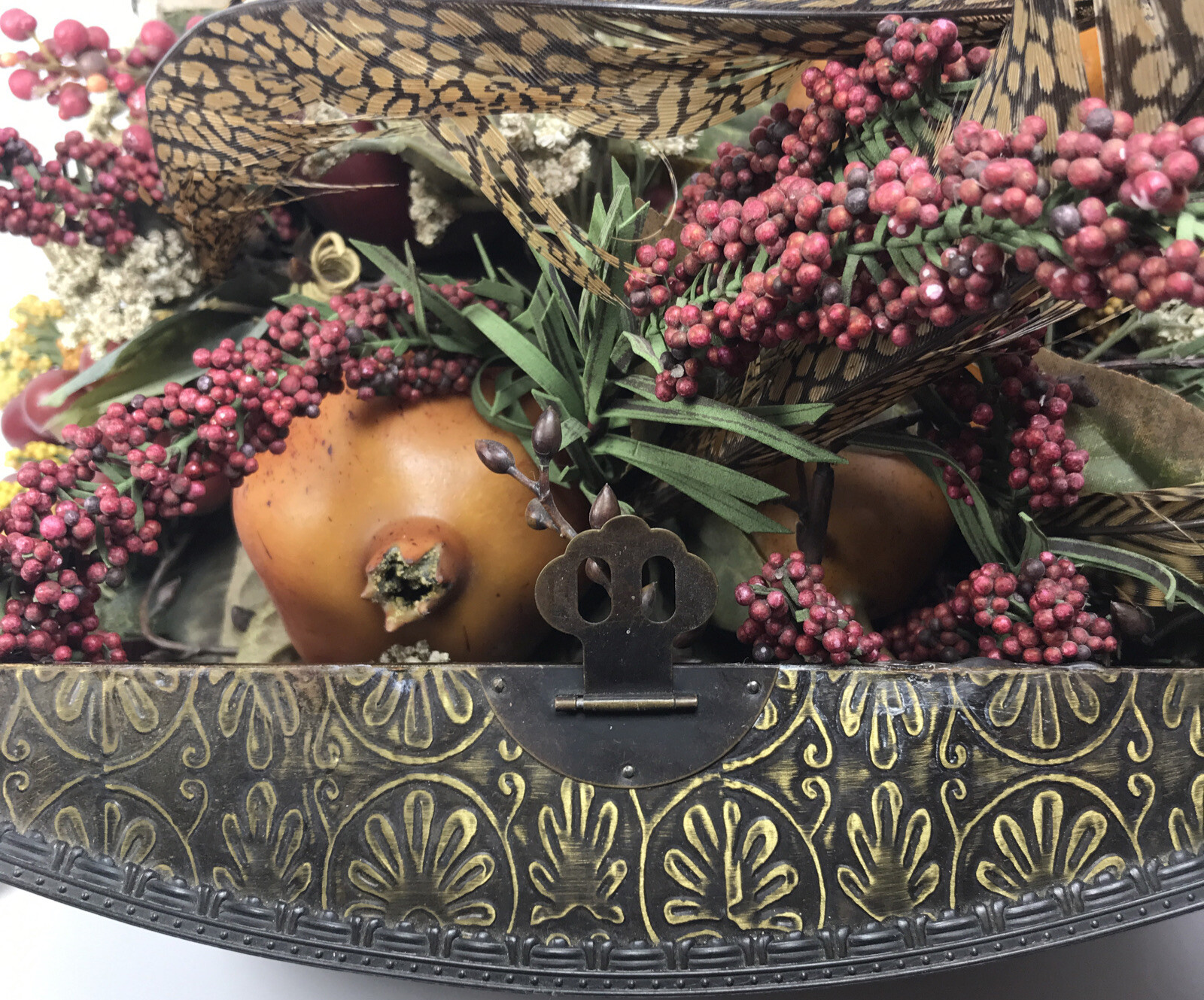 Designer Arrangement Feather Silk Floral Fruit 17” HomeDecor Metal Texas Box EUC