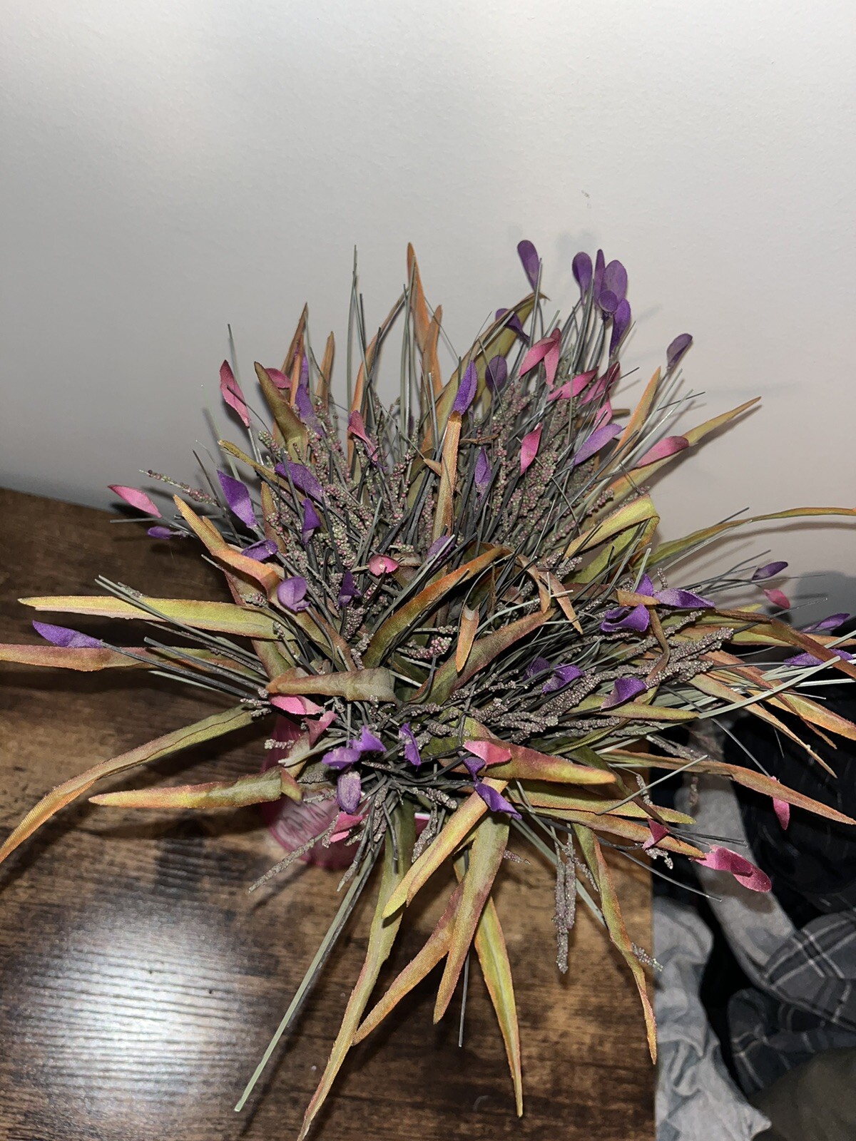 Artificial Purple Pink Flower Arrangement, Pink 9” Metal Vase Planter Home Decor