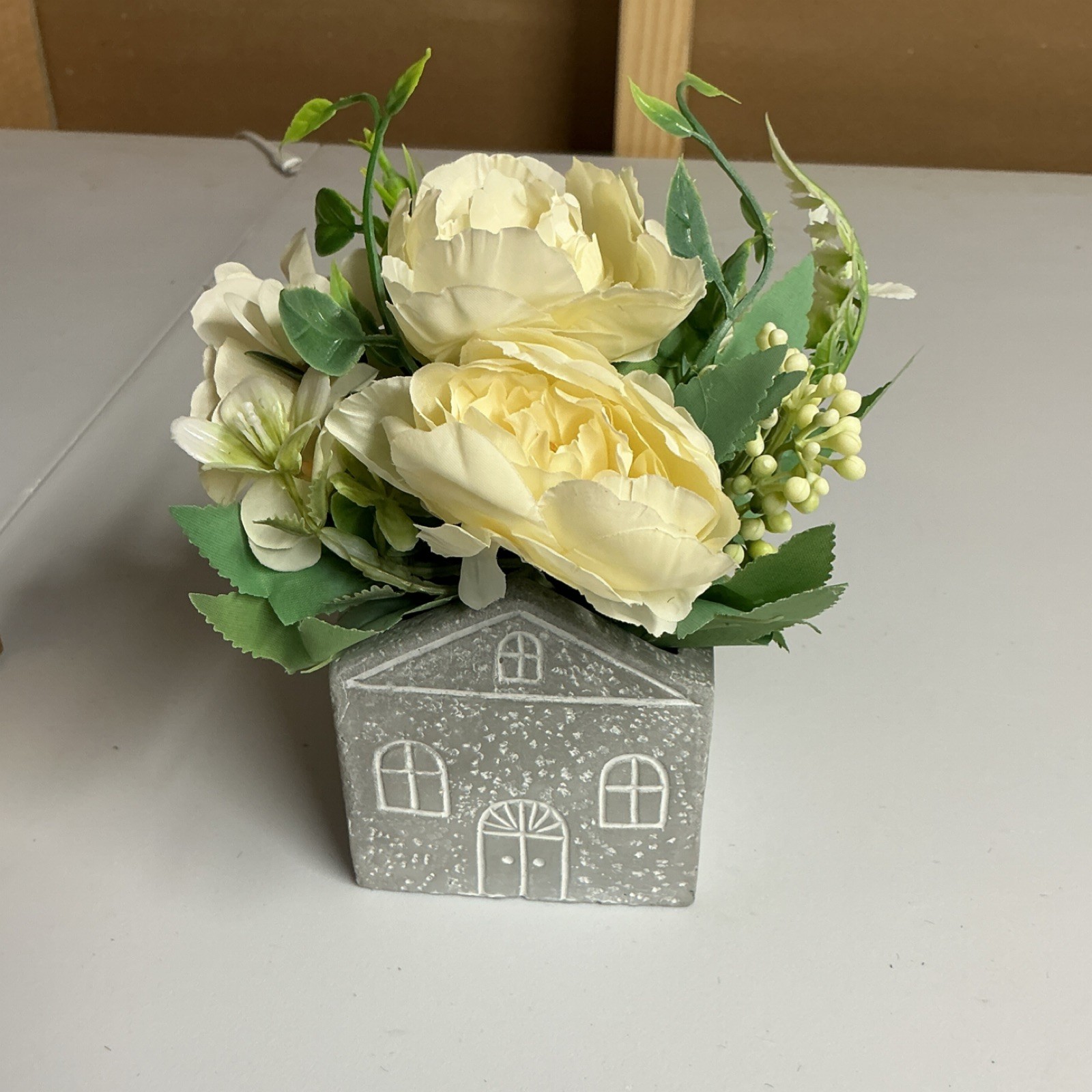 Artificial Peony Floral Arrangement in Gray House Pot Centerpiece Decor