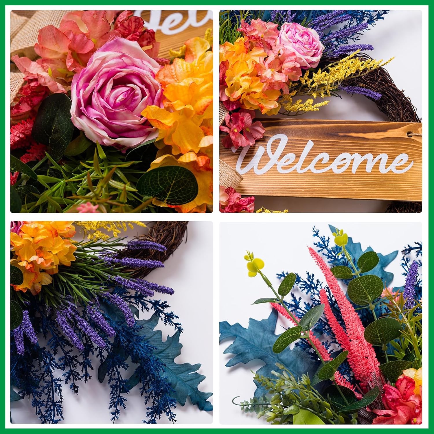 Large Pink Yellow Flowers and Greenery Modern Door Wreath and Welcome Sign