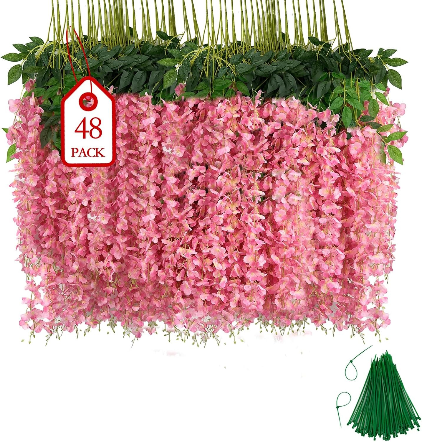 48 pcs artificial wisteria hanging flowers 3.75 ft pink strings