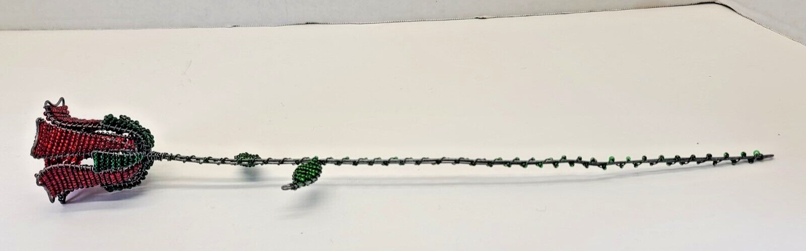 Red Rose Bud Vintage Glass Bead Long Stem Wire Folk Art Sculpture Beaded Flower