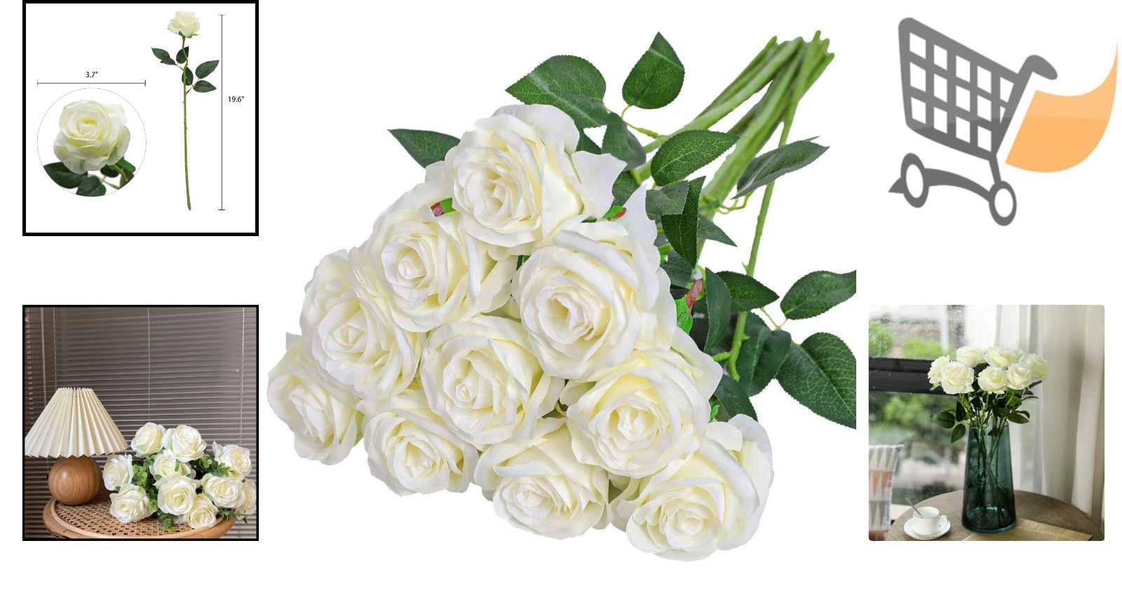Artificial Silk Rose Flower Bouquet 10pcs White Fake Roses for Wedding Party