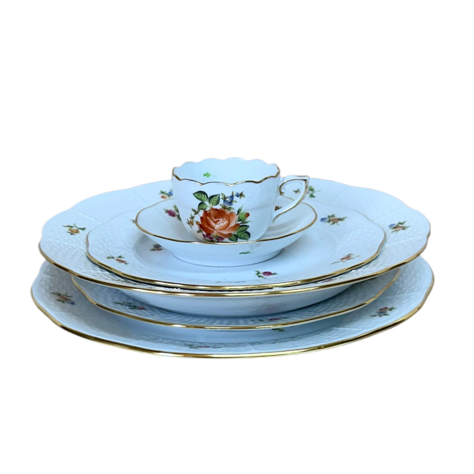 6 pc Herend Small Bunch of Roses Porcelain Dinner Place Setting