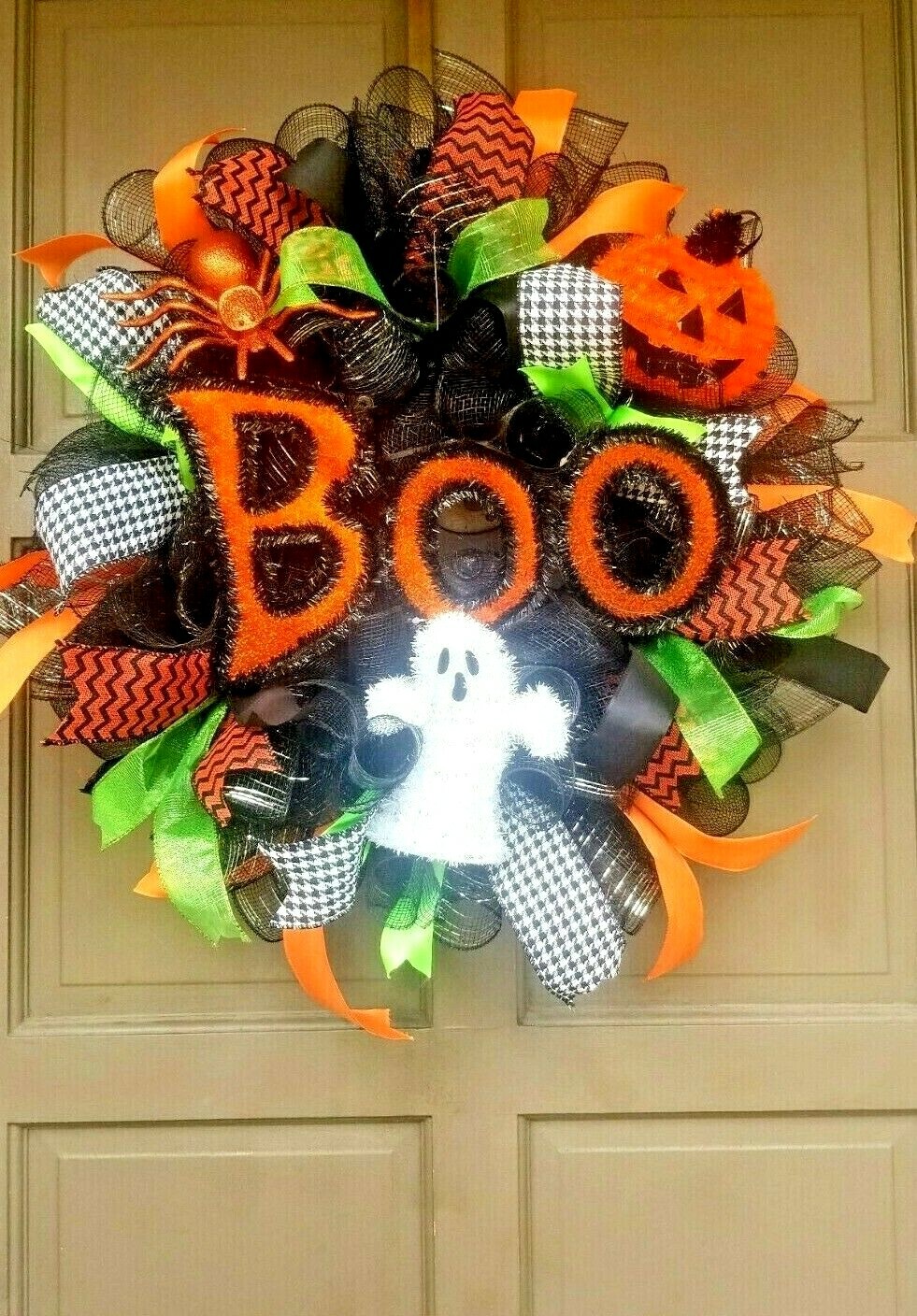 Halloween Wreath Front Door Decoration Large 24″ BOO Handmade Black Deco Mesh