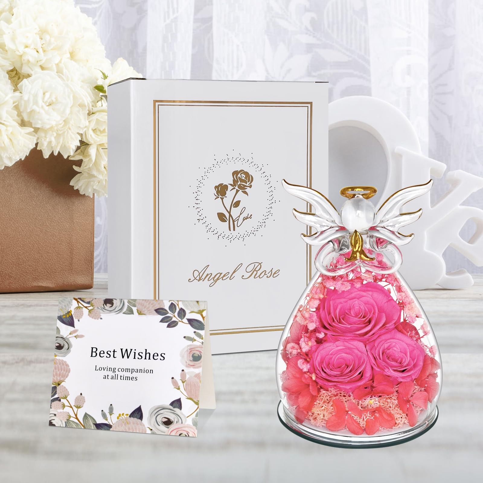 Preserved Rose Forever Flower in Glass Angel Figurines Fresh Flowers for Deli…