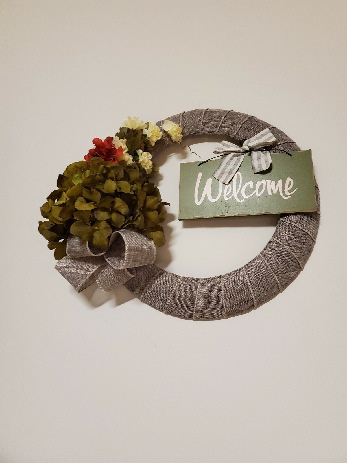 WELCOME wreath FLOWER Hydrangeas Mums burlap FALL autumn Decor Front Door 15