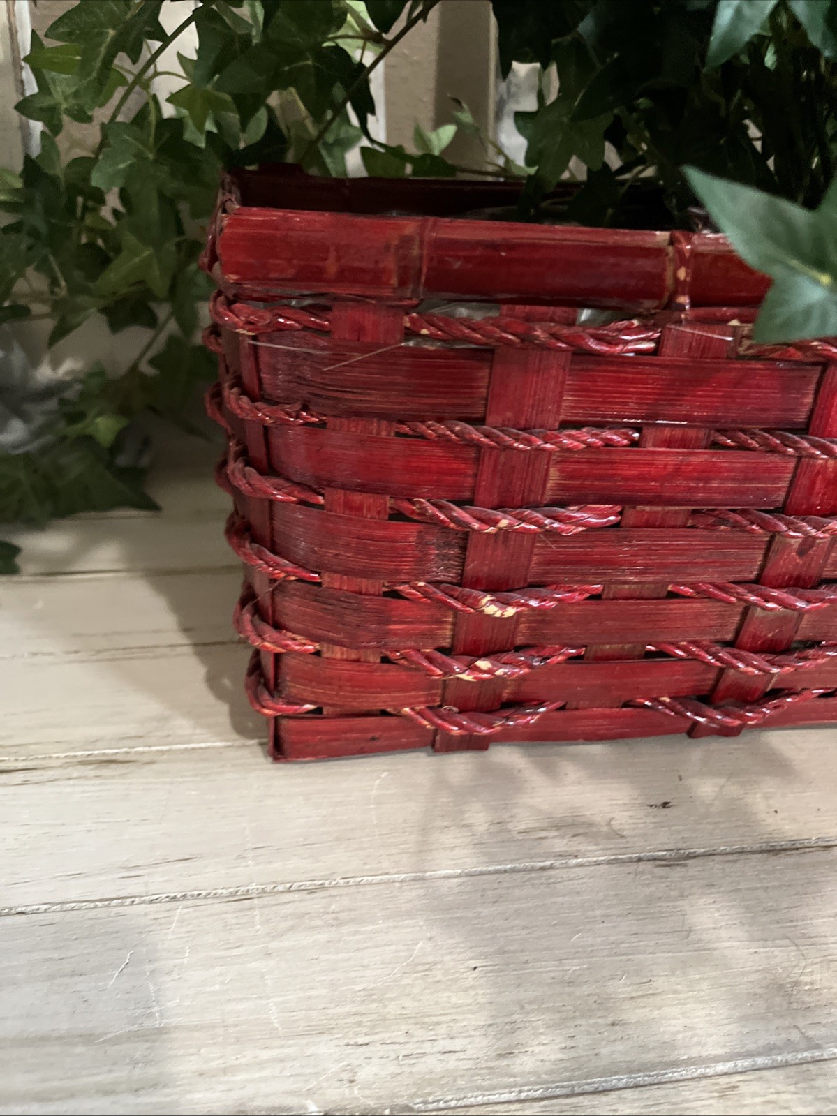 Faux Ivy In Red Wicker Basket 19”W x6 1/2”Dx6 3/8”H W/ Plant 19”H x58”W Used