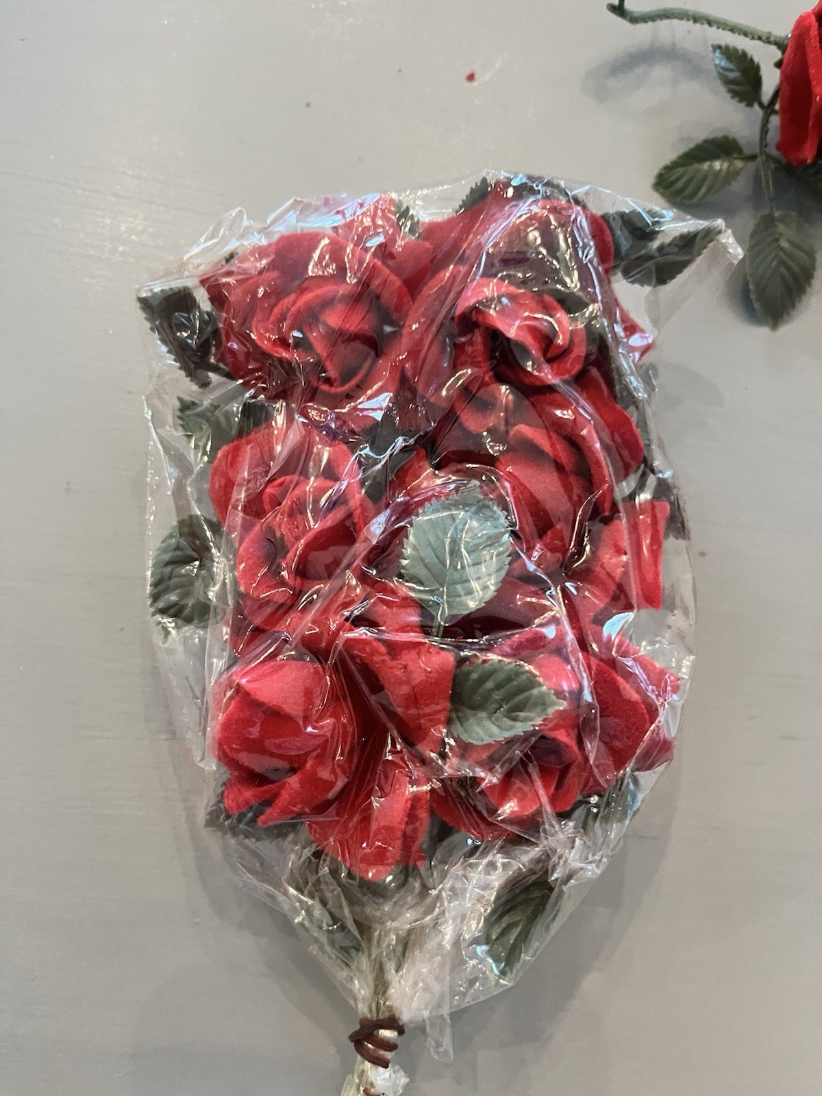 Vintage 29 flocked Plastic Red Roses Wired -6 NOS & 23 Unbagged Floral Decor