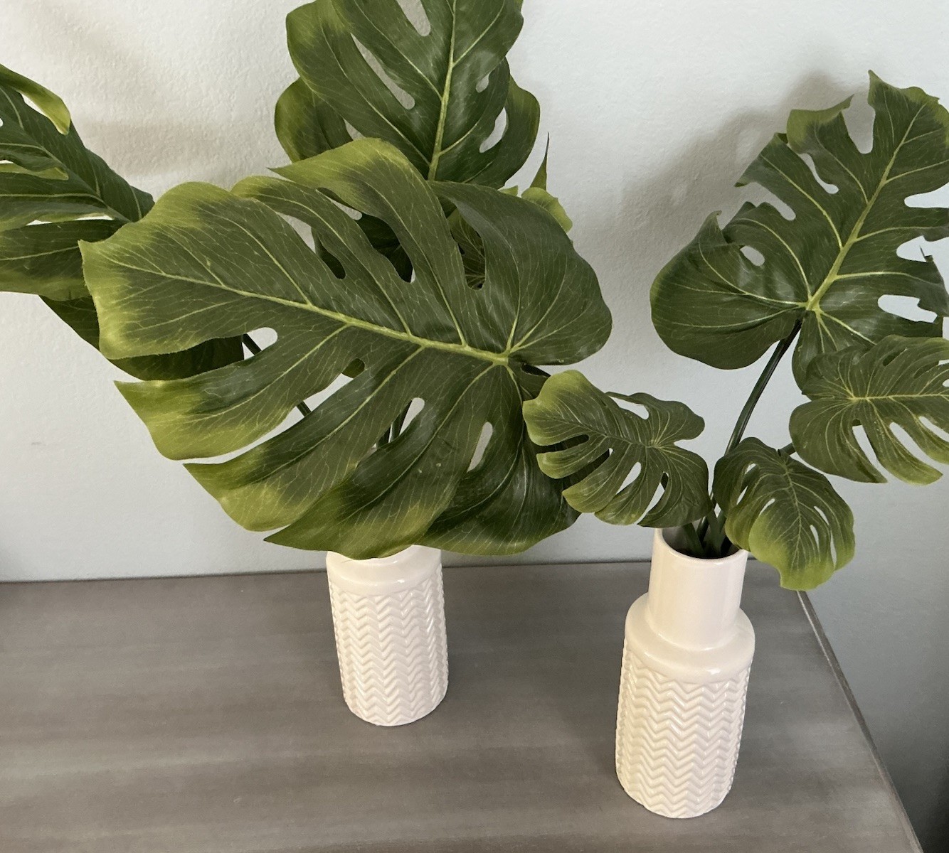 Pair of Artificial Indoor Green Monster Leaf Plant In White Ceramic Pot/Vase 26’