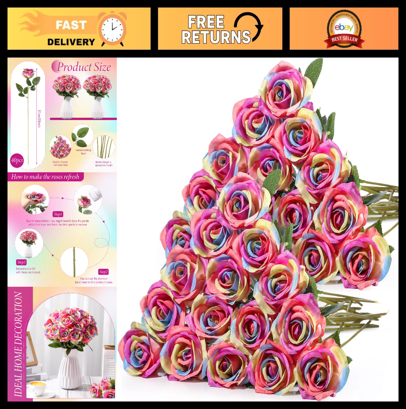 40 Pcs Realistic Silk Fake Roses – Long Stem Artificial Flowers for Wedding, Hom
