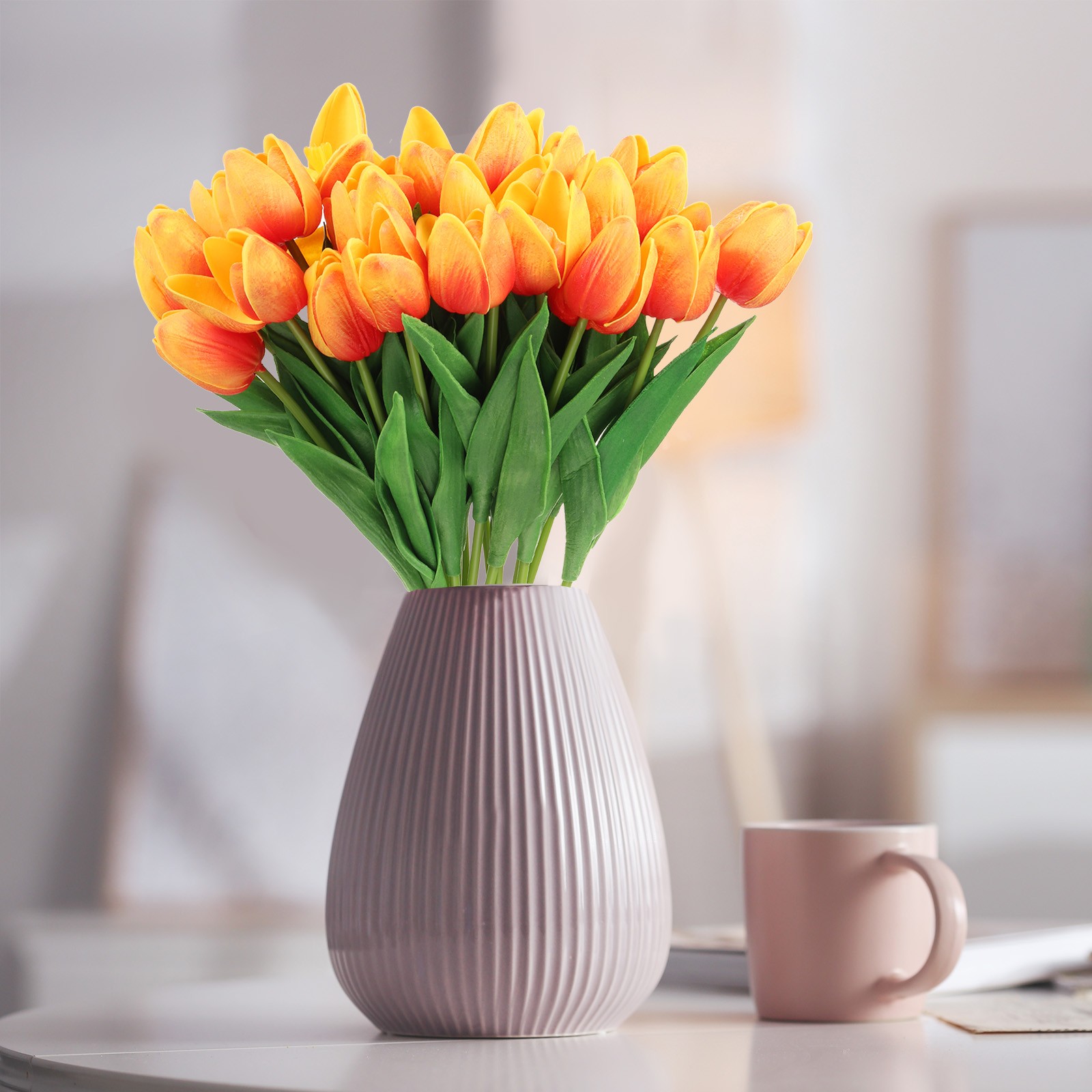 24Pcs Fake Tulips Artificial Flowers PU Artificial Tulips Real Touch Orange