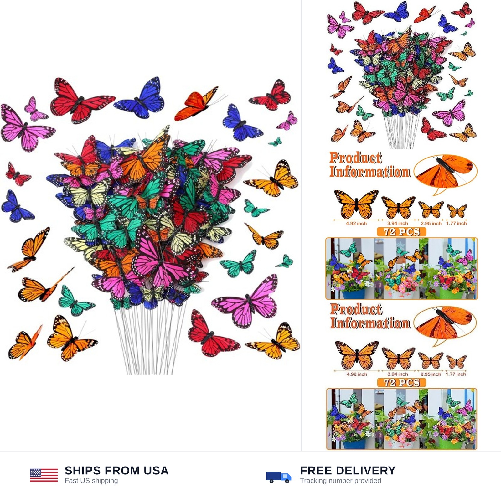 Lyrow 72 Pcs Monarch Butterfly Decorations 4 Size Artificial Feather Butterfl…