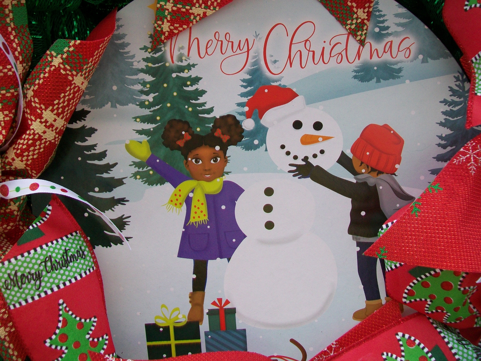 Merry Christmas African American Children Round Plaque Christmas Mesh Wreath