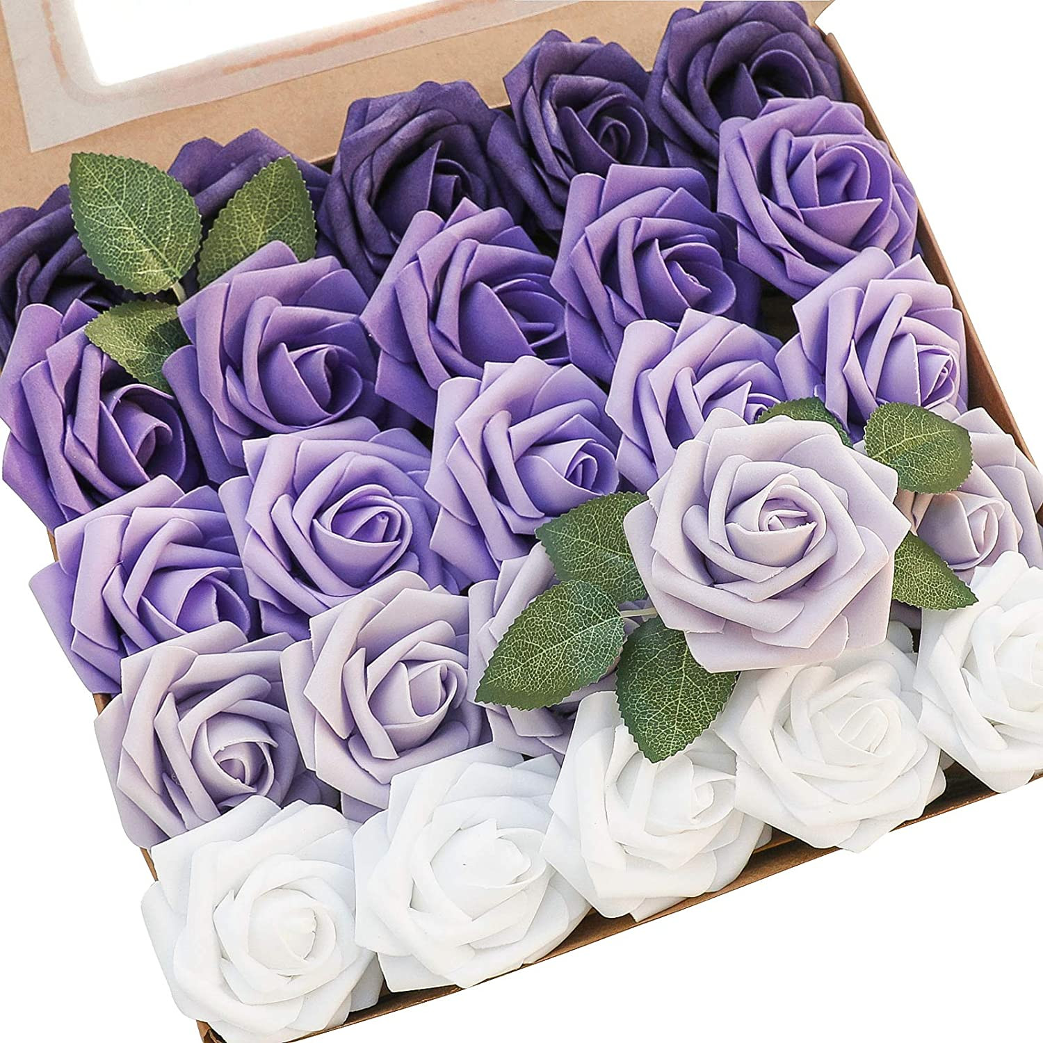 Artificial Flowers 50Pcs Real Looking Dusty Blue Foam Fake Roses with Stems for