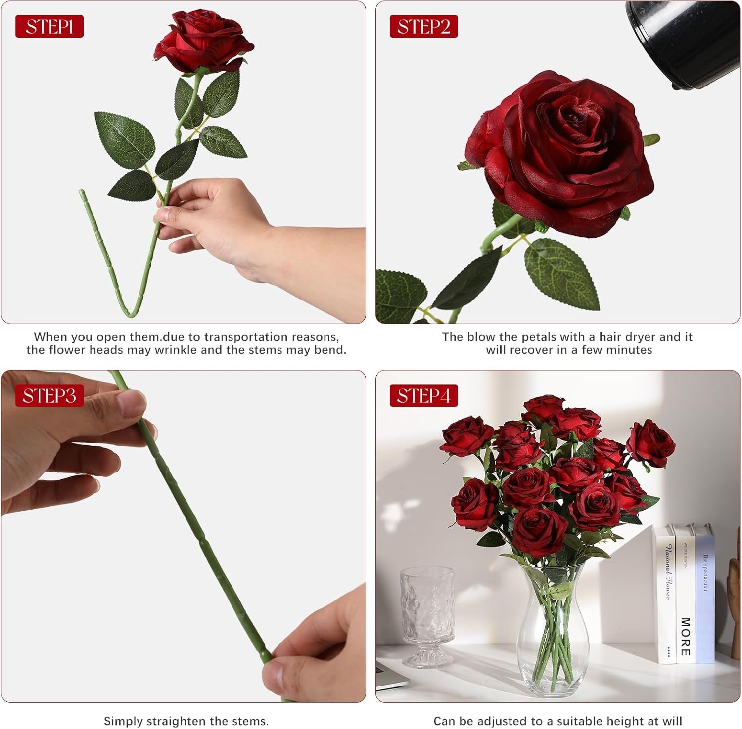 12pcs Red Roses Artificial Flowers,Realistic Long Stem Fake Silk Roses Bouque…