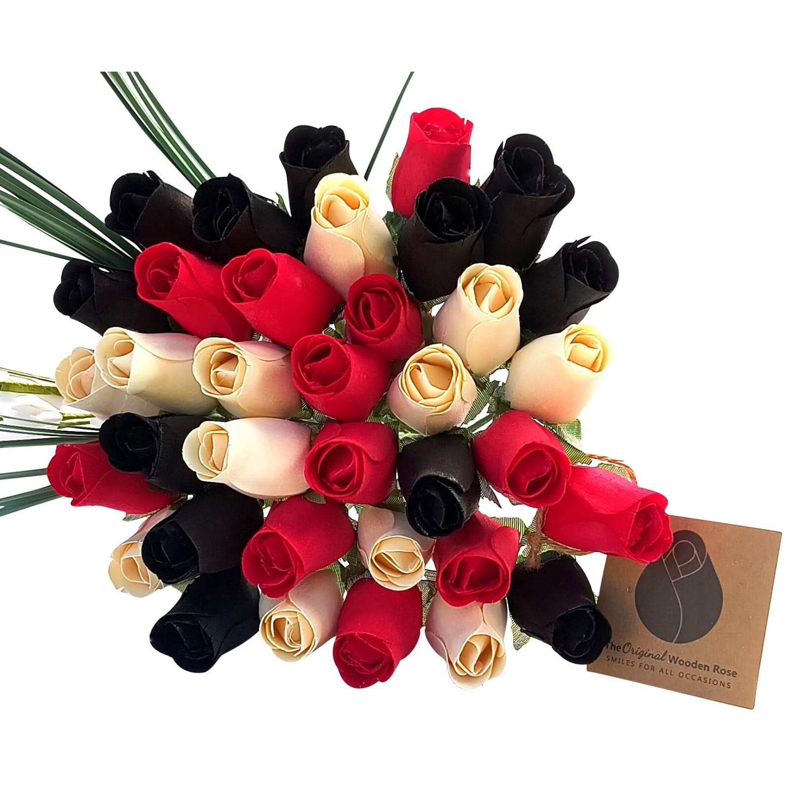 Red Black and White Flower Bouquet. The Original Wooden Rose 1, 2, 3 Dozen
