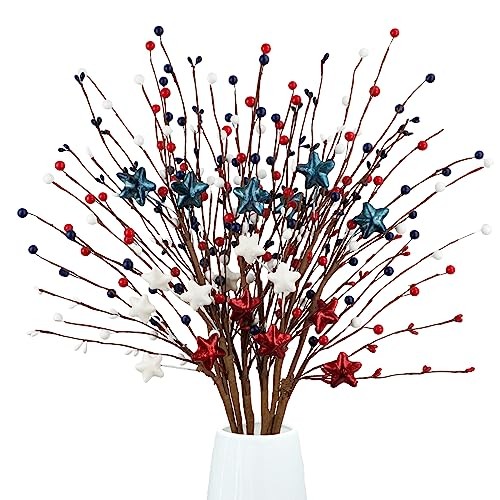 6pcs Patriotic Artificial Berry Stem, 27“ Red White Blue Berries Picks for