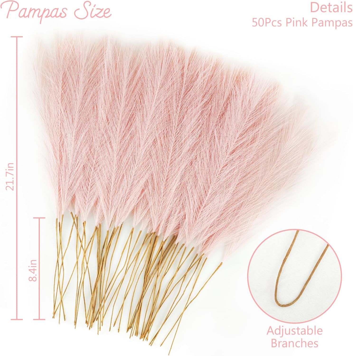 50Pcs Pink Faux Pampas Grass Decor, 21.6″ Short Artificial Floral Branches Vase