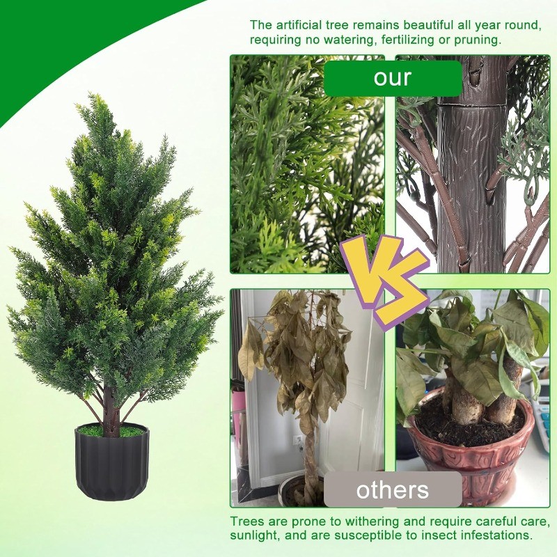 2PCS 2.3/3/4FT Artificial Cedar Topiary Trees, Fake UV Resistant Potted Plants