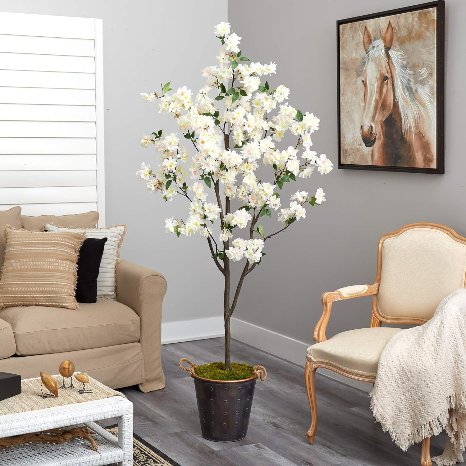 6Ft Cherry Blossom Artificial Tree in Stylish Metal Pail with Rope
