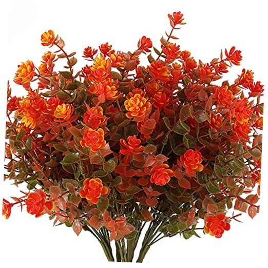 8 Bundles Artificial Fall Flowers No Fade Faux Autumn Plants, Green Orange
