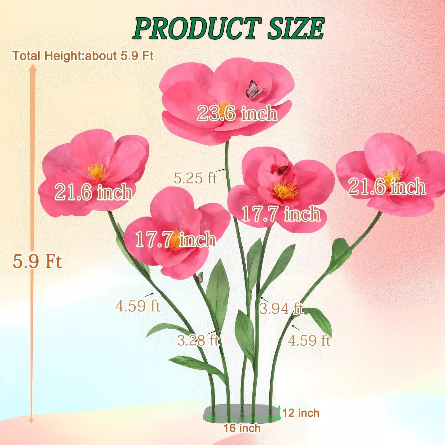 5 PCS Giant Flowers for Decoration with Stand 5.9 Ft Large Artificial Poppy | Ha