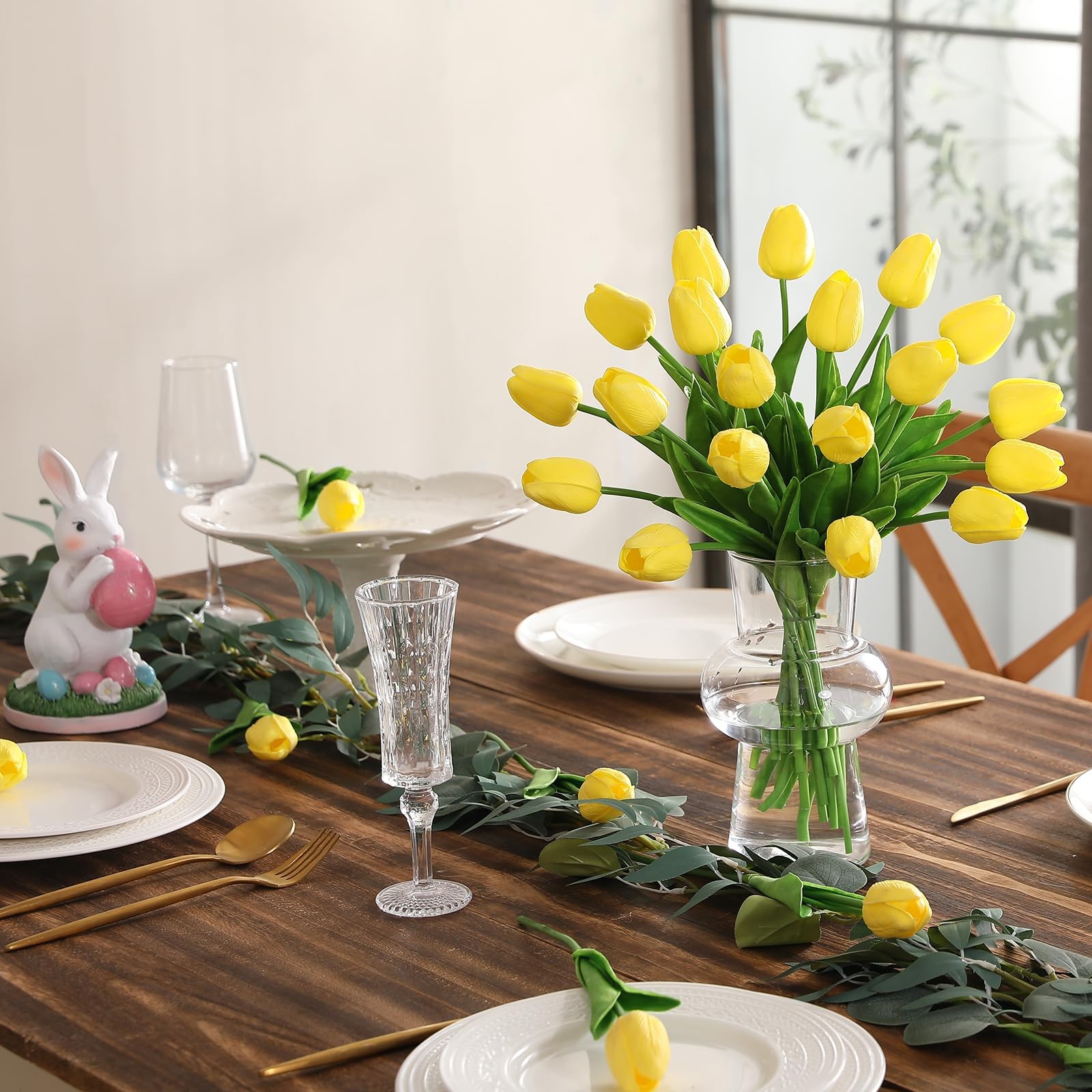 30 PCS Yellow Artificial Tulips PU Faux Flowers Real Touch Spring Decor