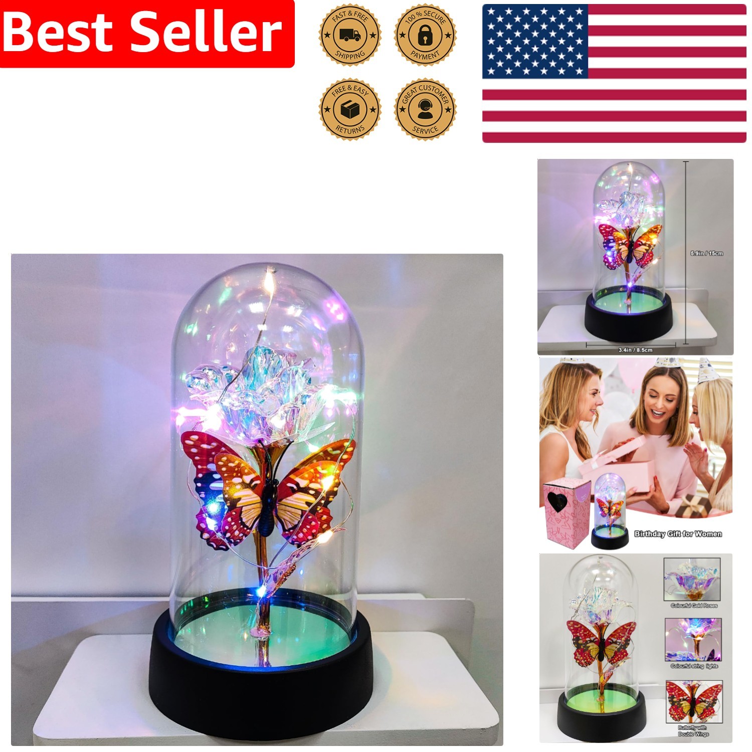 Butterfly Rose Flower Eternal LED Light Glass Dome Decor Mom Wife Birthday Gift