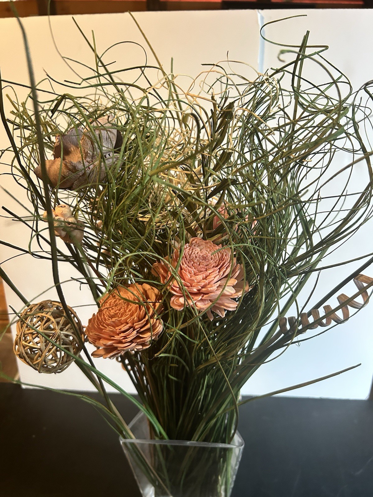 Artificial Flower And Ornamental Grass Display Glass Vase