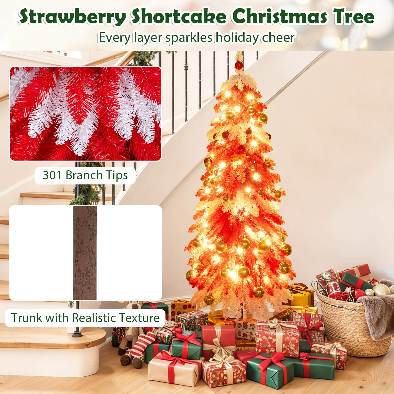 5 FT Artificial Christmas Tree Pre-lit Xmas Trees w/ 301 Red & White Branch Tips