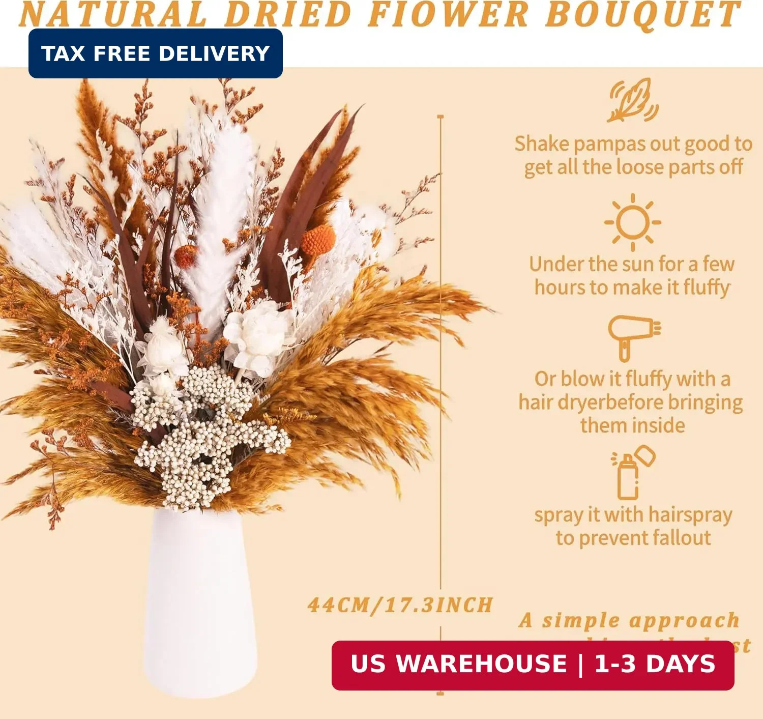 17″ Boho Dried Flower Bouquet – Natural Pampas Grass & Real Flowers for Spring H