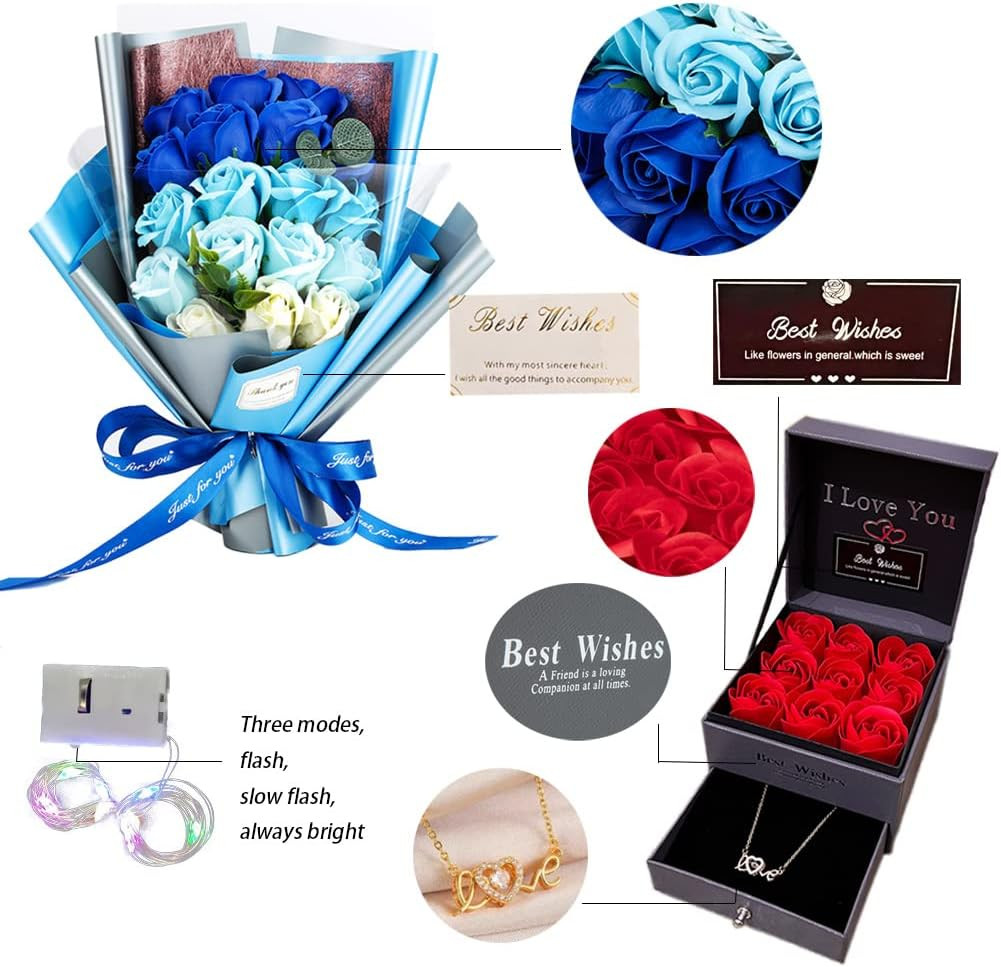 Roses Bouquet Artificial Flower Preserved Flowers with Love Necklace Unique Gift