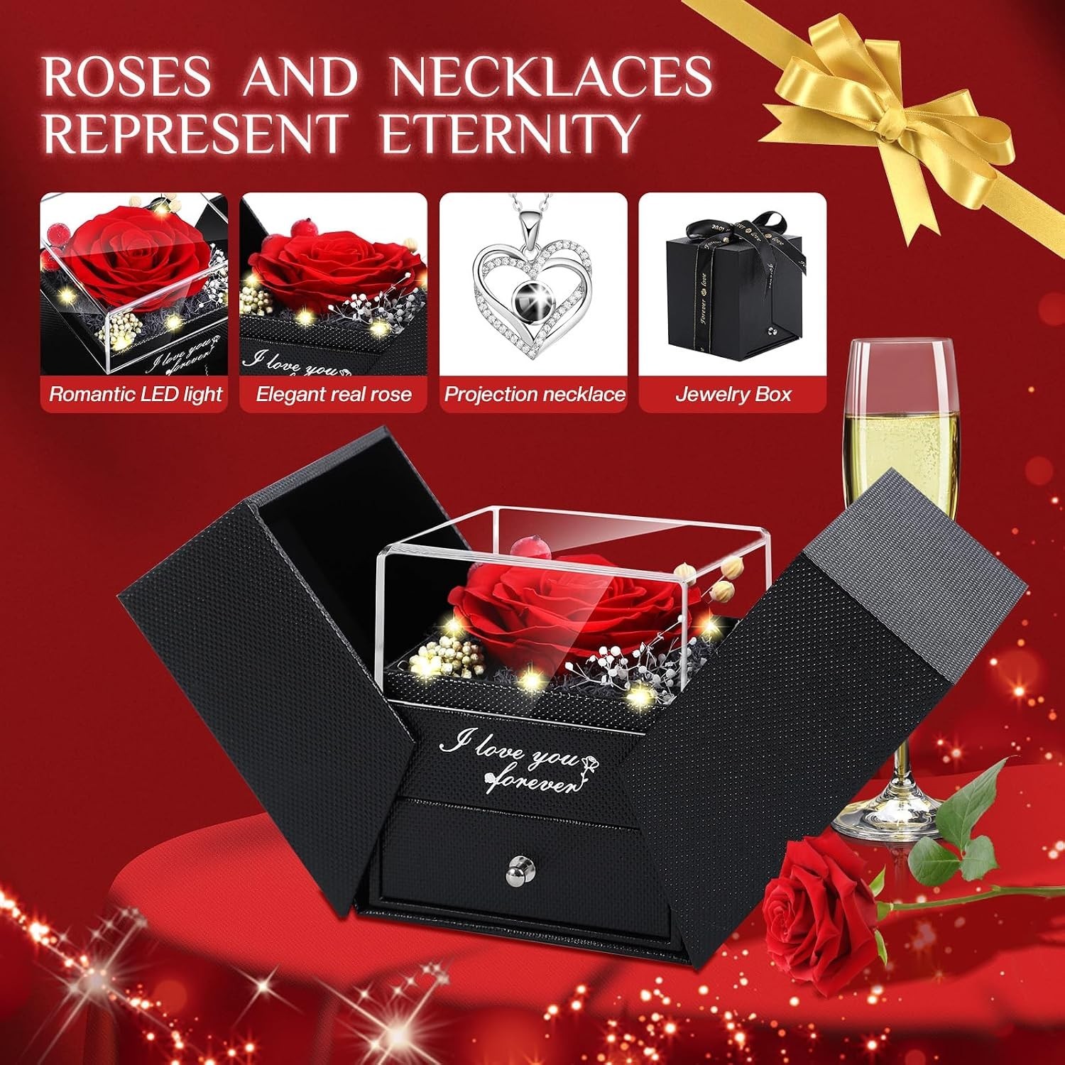 Romantic Preserved Rose with I Love You in 100 Languages Pendant Necklace