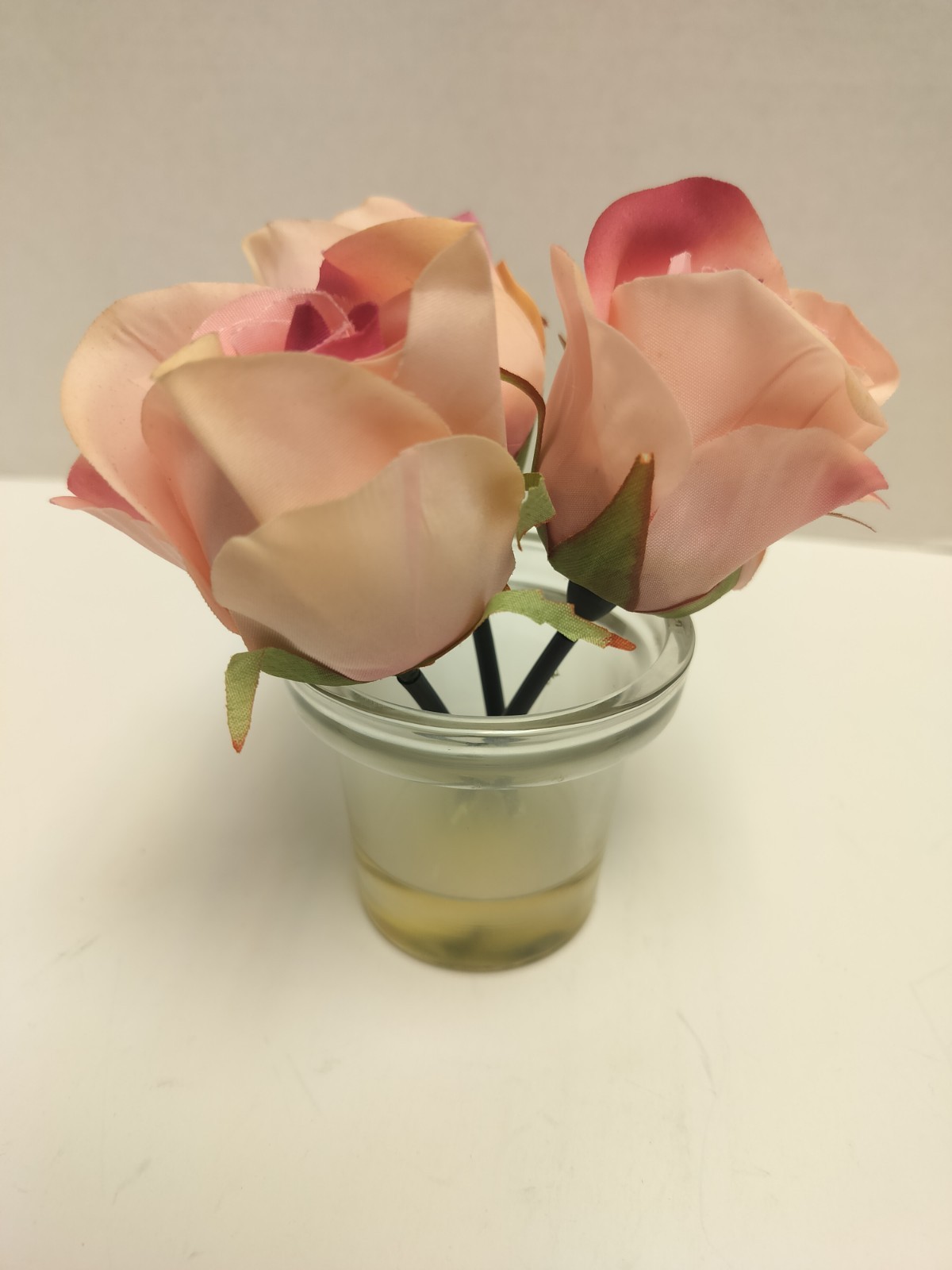 Vintage Artificial Pink Rose Flower in Clear Vase with Faux Water Decoration