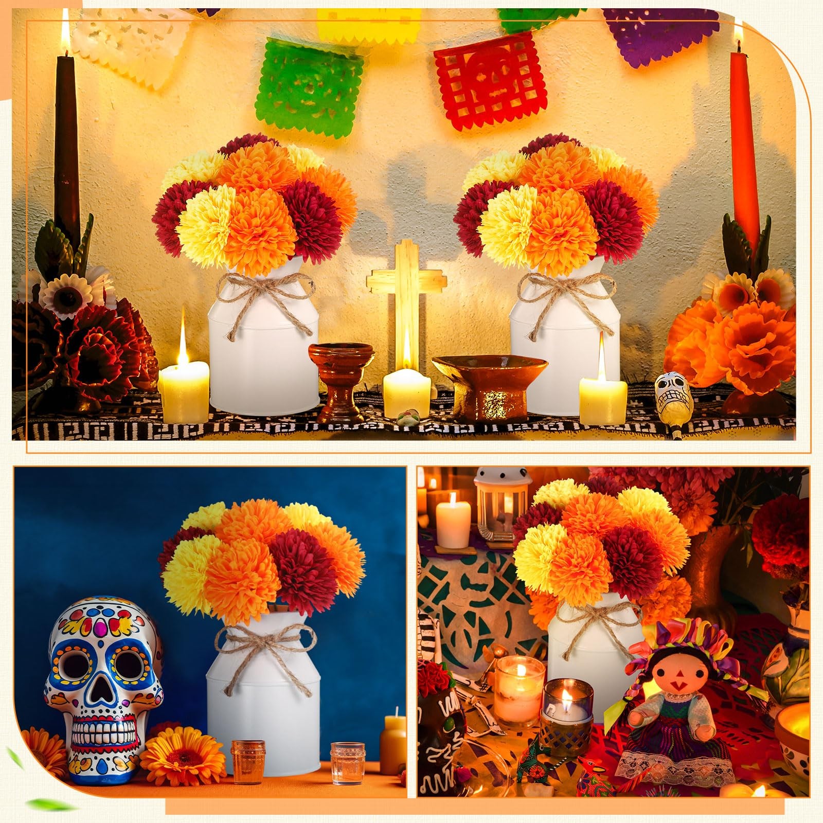 3 Sets Mexican Artificial Marigold Flowers 27 PCS Silk Mums Metal Pots