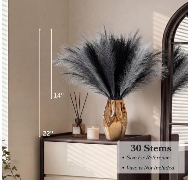 30Pcs Black Gray Pampas Grass Decor, 22” Fluffy Faux Pampas Grass Branches for