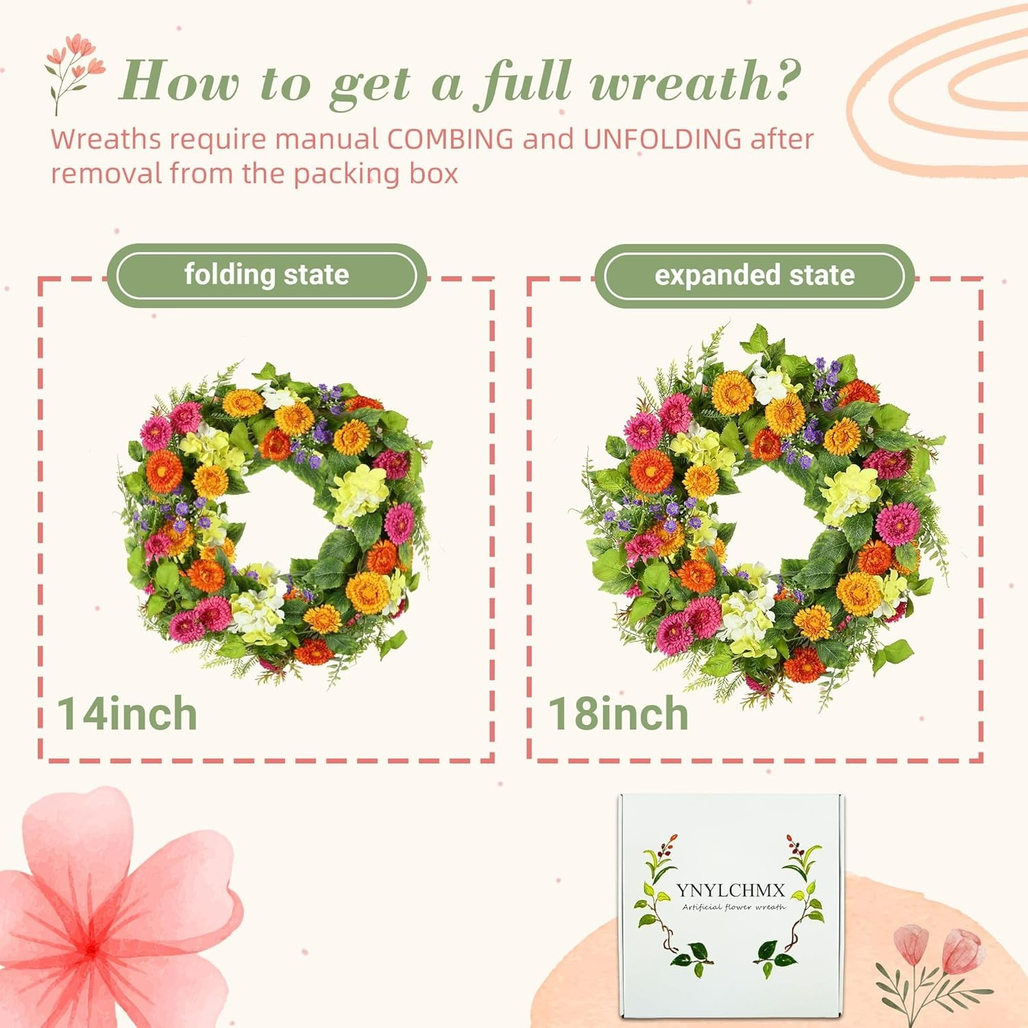 18-Inch Spring Summer Wreath with Colorful Daisies & Green Leaves for Your Door