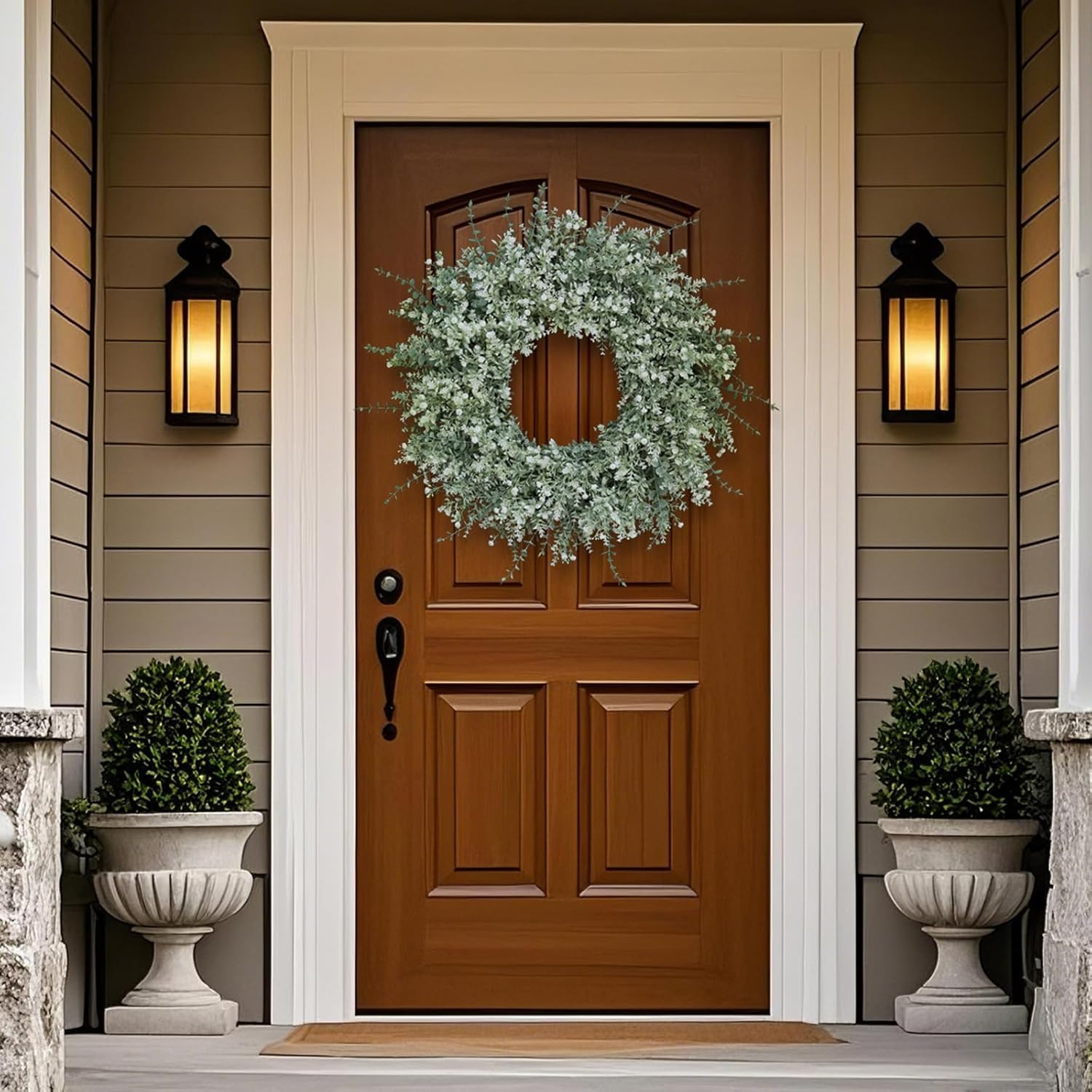 26”Large Artificial Eucalyptus Wreath for Front Door(White-Green) | Weather Res