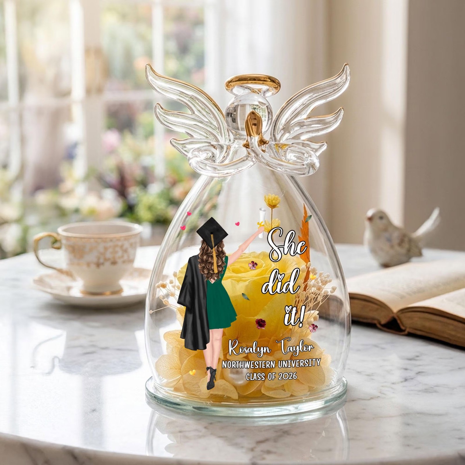 Custom Graduation Rose Angel Dome, Personalized Class of 2026 Gift, Glass Flower