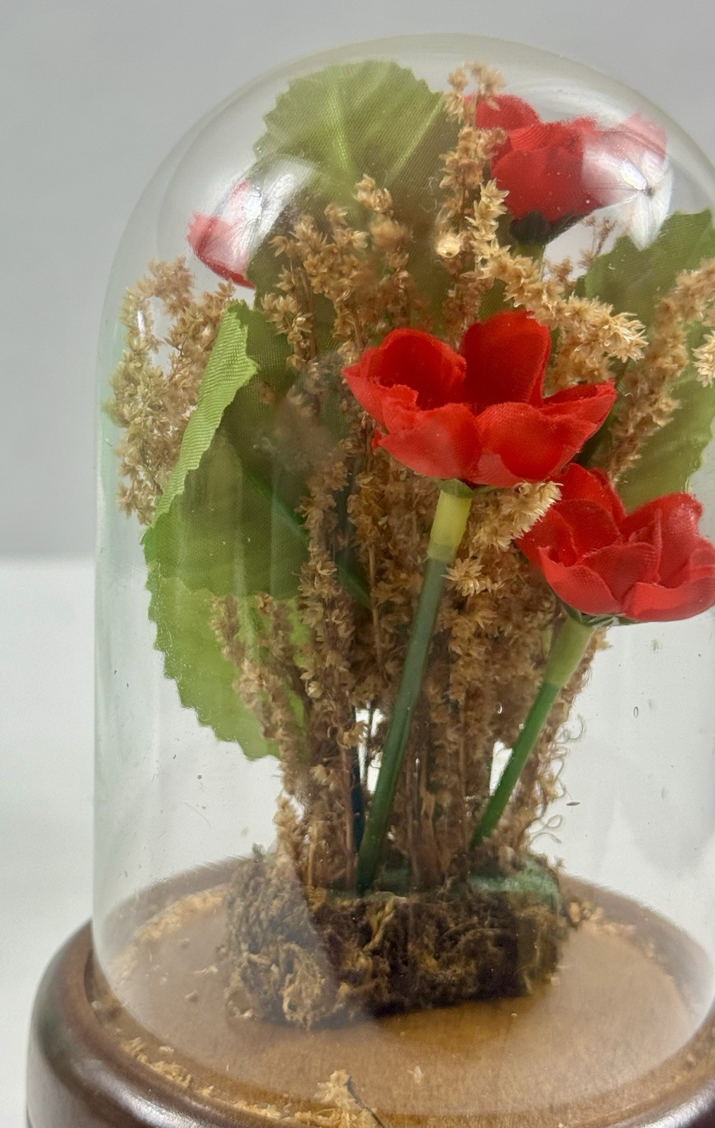 Artificial Red Rose Flower Arrangement in Glass Dome with Wood Base, 6 in Tall