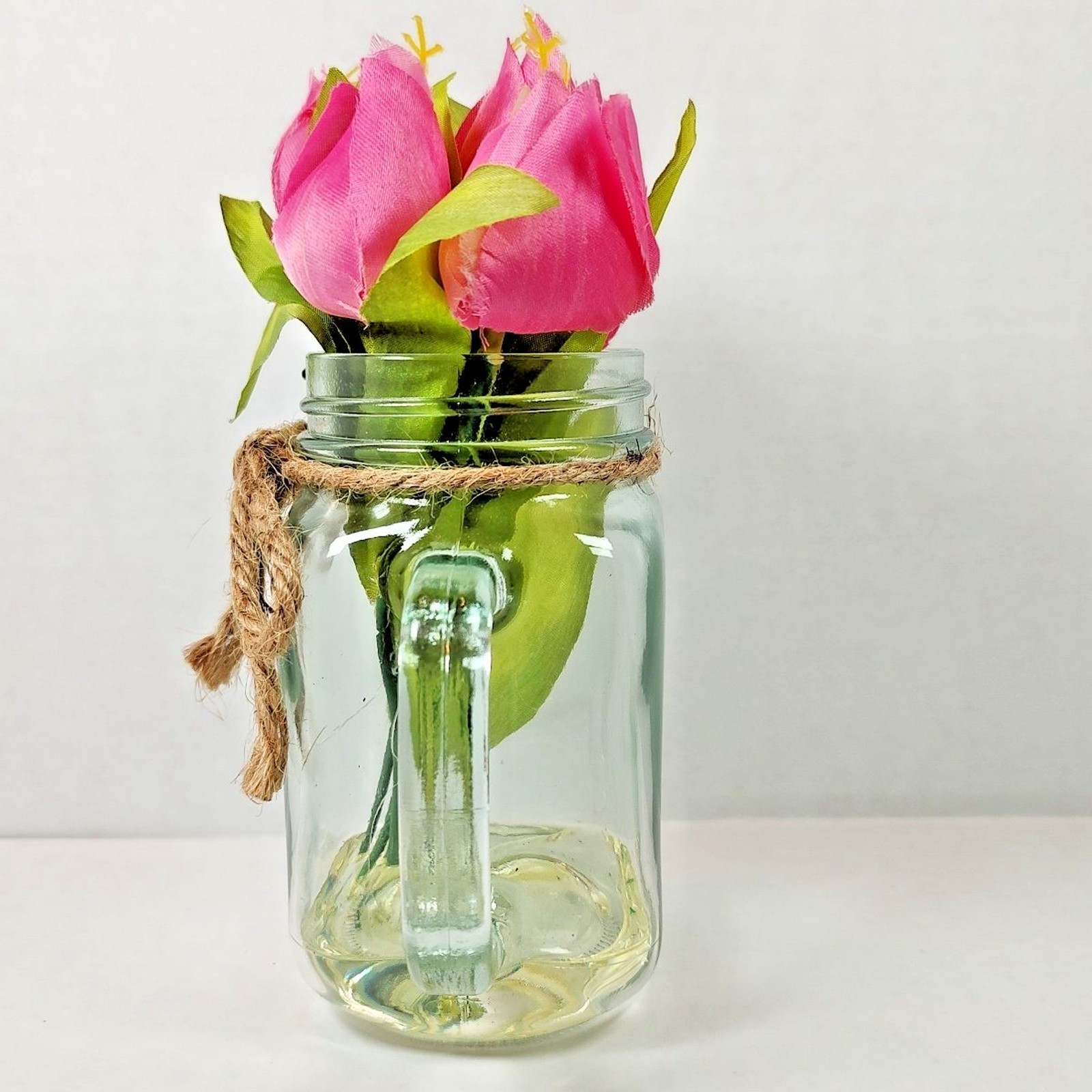 Artificial Flower Market Bouquet Arrangement Mason Jar Vase Glass w/ Handle New